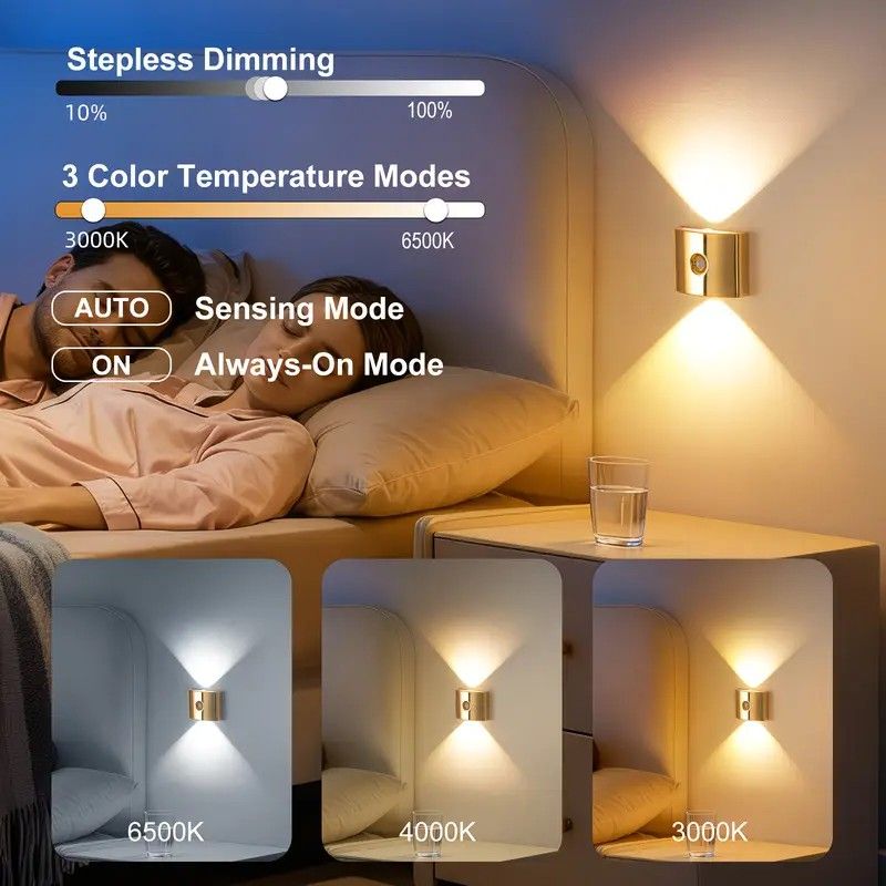 2PCS Induction wall lamp with three-color stepless dimming, 120° auto shut-off, USB rechargeable magnetic installation. Smart motion-sensing LED wall lamp, serving as both a night light and an ambient light./golden