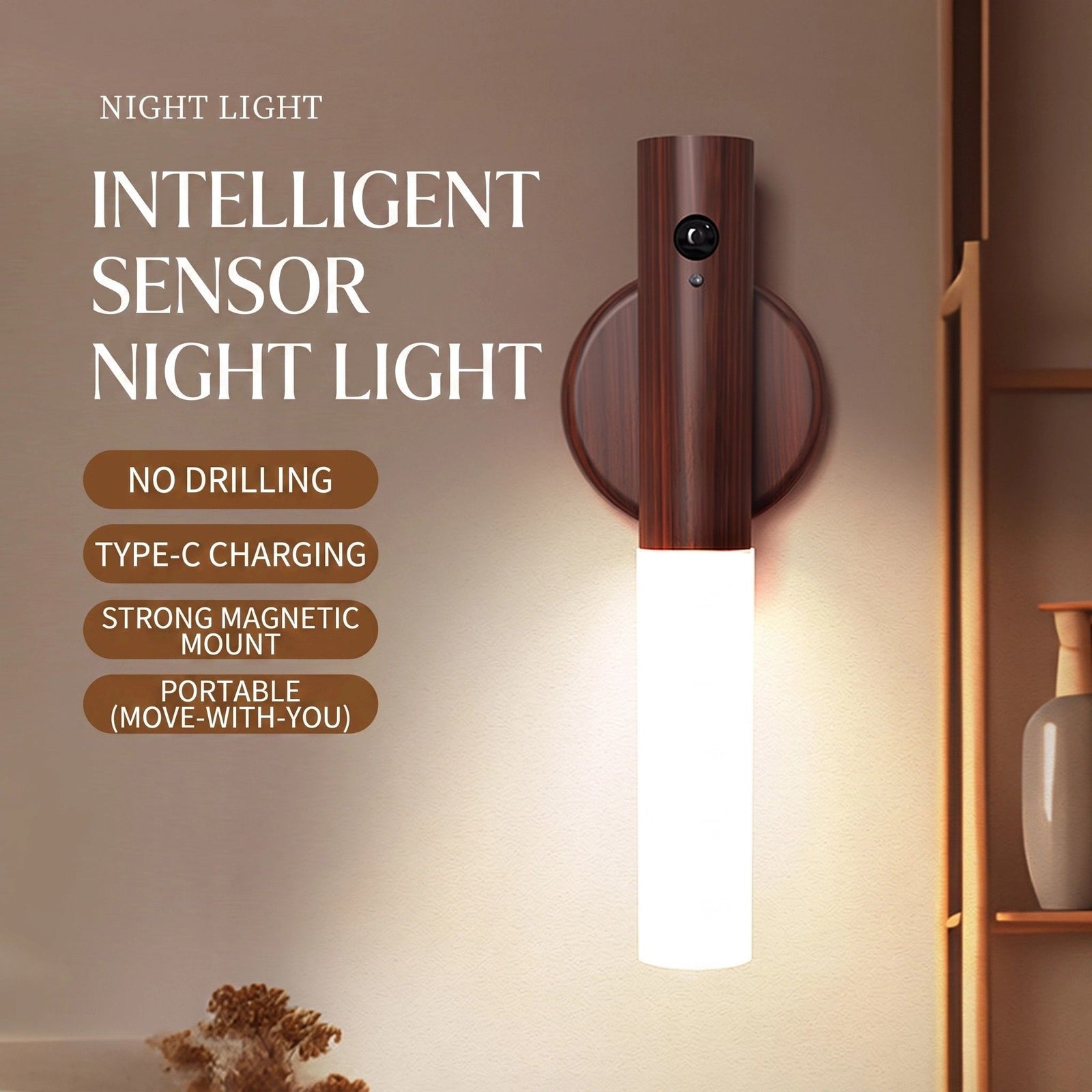 2-Pack USB Rechargeable Magnetic LED Night Light – Motion Sensor Wall Light for Bedroom, Kitchen & Bathroom/Ash wood color