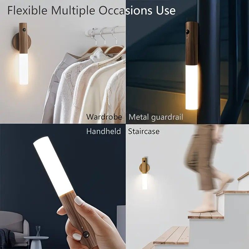 2-Pack USB Rechargeable Magnetic LED Night Light – Motion Sensor Wall Light for Bedroom, Kitchen & Bathroom/Ash wood color
