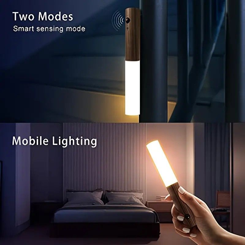 2-Pack USB Rechargeable Magnetic LED Night Light – Motion Sensor Wall Light for Bedroom, Kitchen & Bathroom/Ash wood color