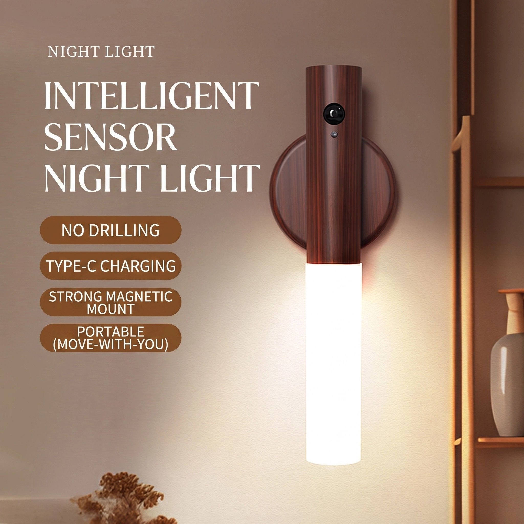 1-Pack USB Rechargeable Magnetic LED Night Light – Motion Sensor Wall Light for Bedroom, Kitchen & Bathroom/Walnut color