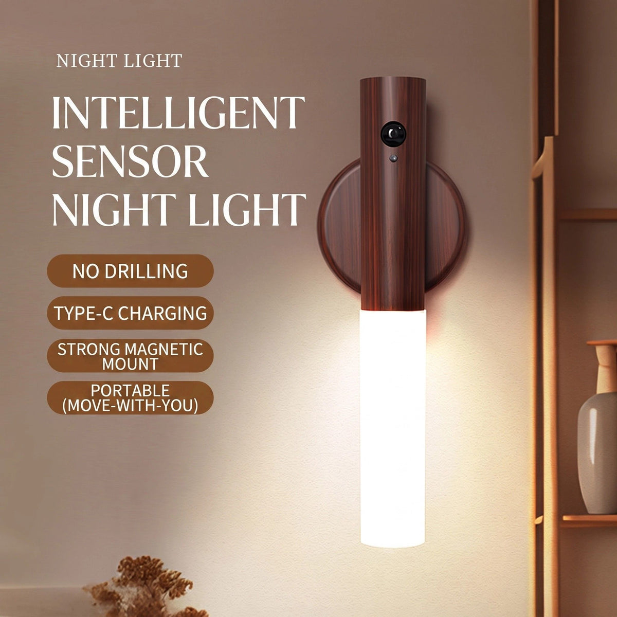 1-Pack USB Rechargeable Magnetic LED Night Light – Motion Sensor Wall Light for Bedroom, Kitchen & Bathroom/Walnut color