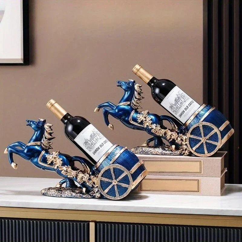 Freestanding Luxury Wine Rack, Stable Partitioned Storage, Hand-Carved "Success at First Attempt" Horse, Housewarming Gift.BLUE