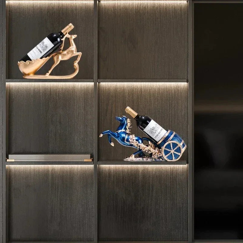 Freestanding Luxury Wine Rack, Stable Partitioned Storage, Hand-Carved "Success at First Attempt" Horse, Housewarming Gift.BLUE