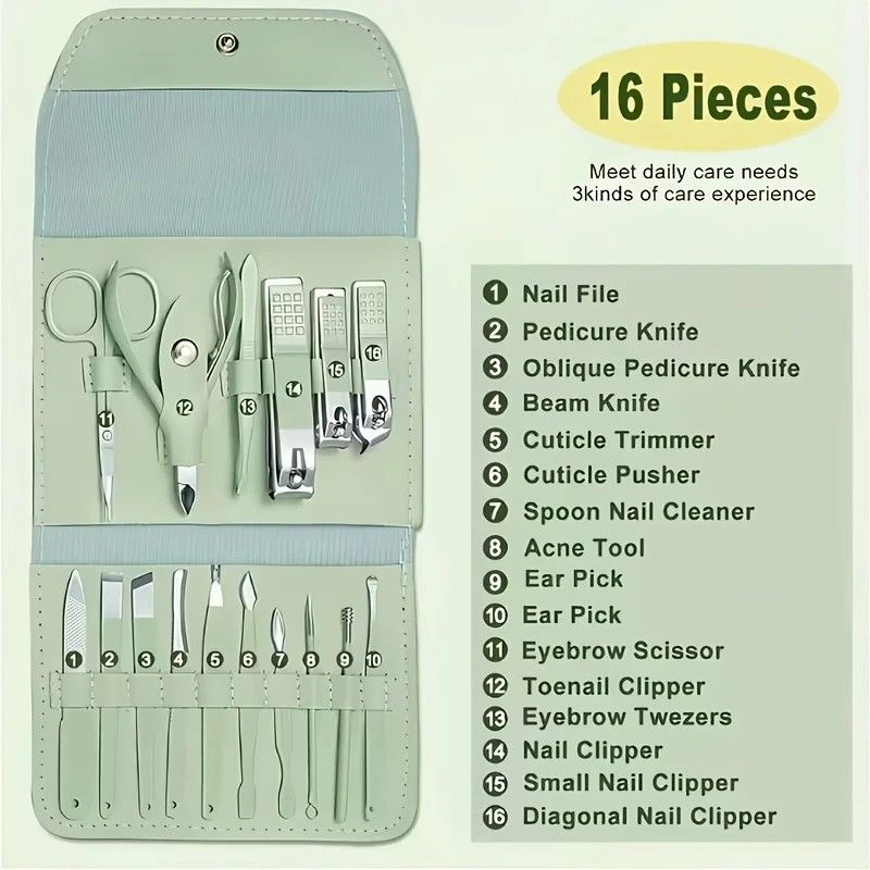 16-Piece Nail Care Set | Portable & Professional, One Box for Hand & Foot Details。green