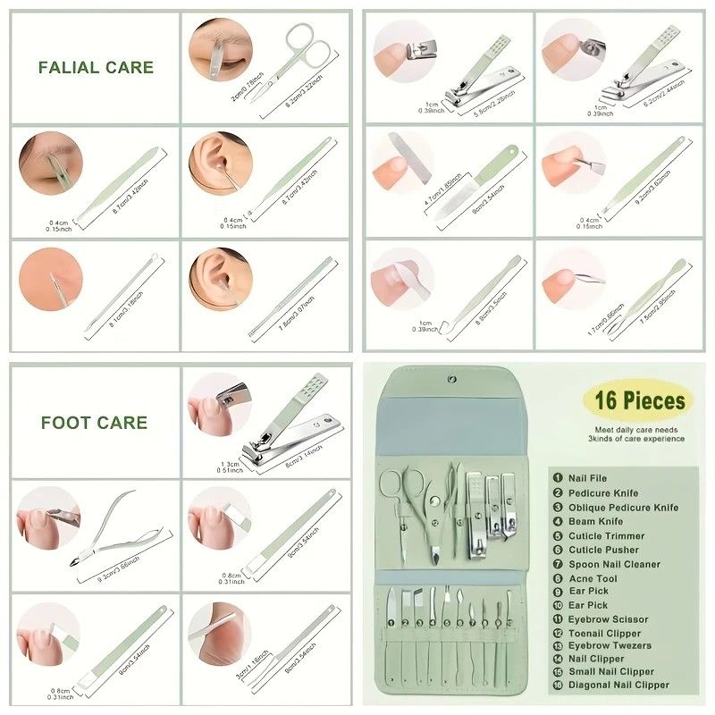 16-Piece Nail Care Set | Portable & Professional, One Box for Hand & Foot Details。green