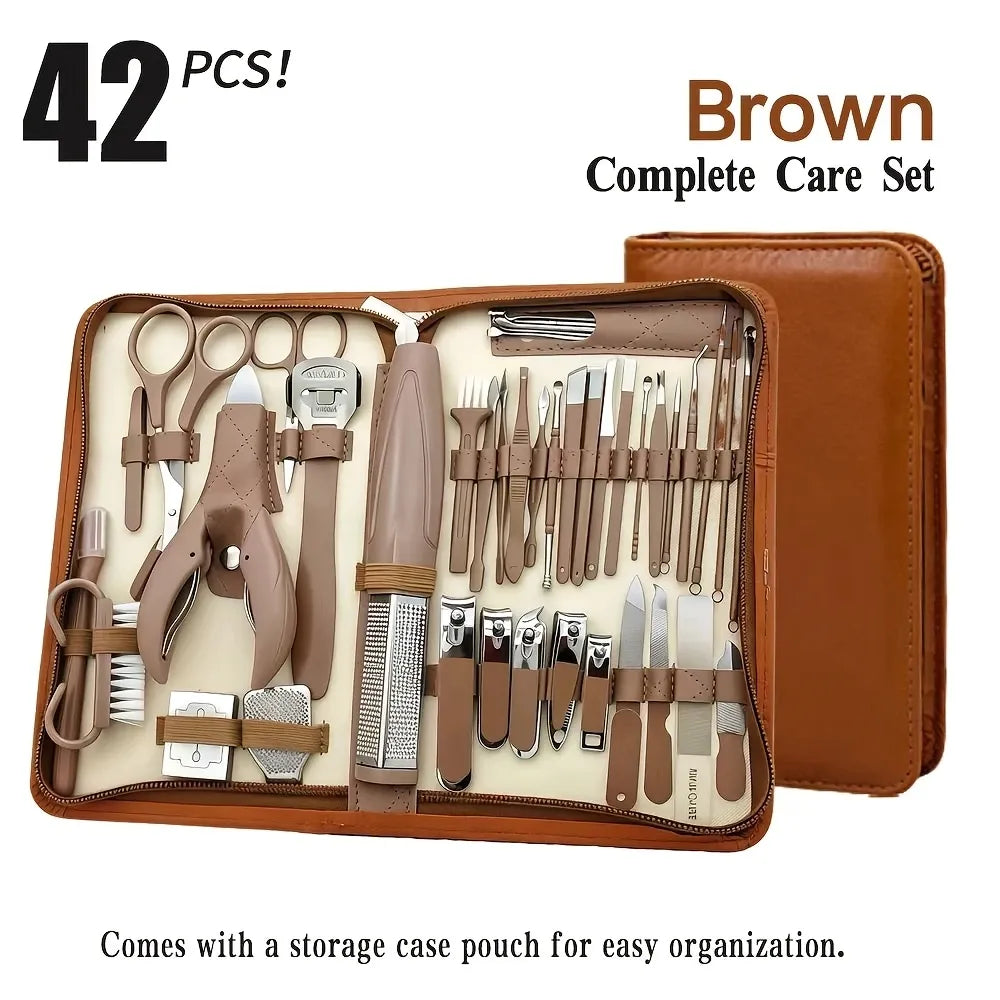 42-Piece Classic Stainless Steel Manicure & Pedicure Set: Concave Blade Precision Claws, Portable Travel Case, Ideal for Home, Travel & Gifting/brown
