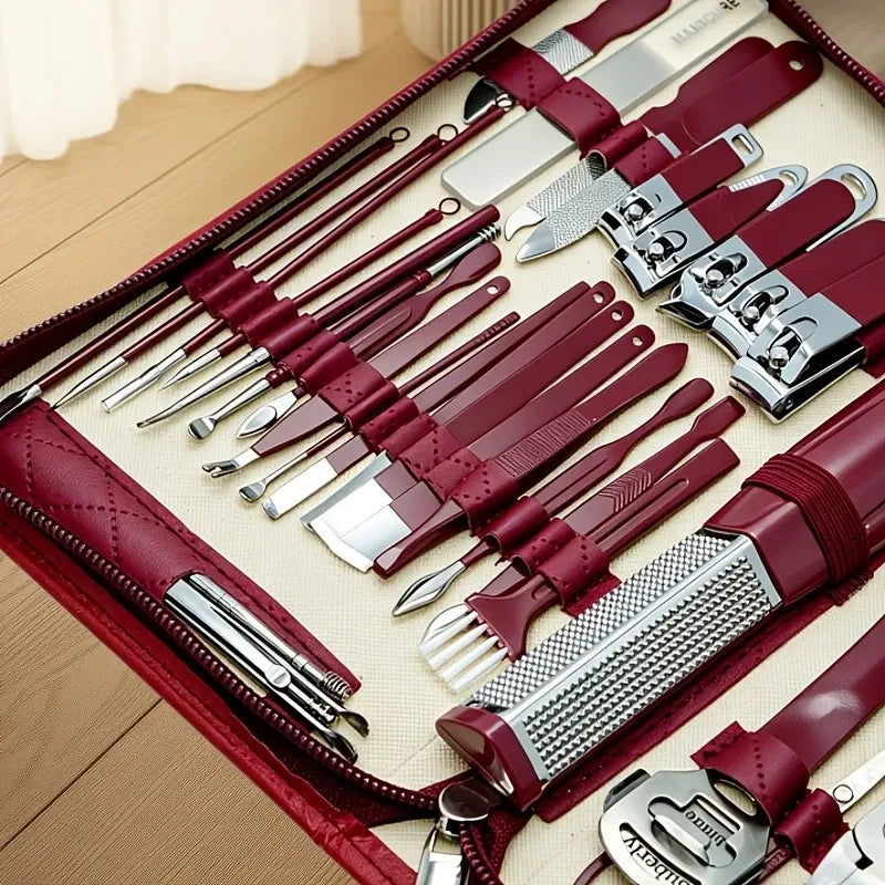 42-Piece Classic Stainless Steel Manicure & Pedicure Set: Concave Blade Precision Claws, Portable Travel Case, Ideal for Home, Travel & Gifting/brown