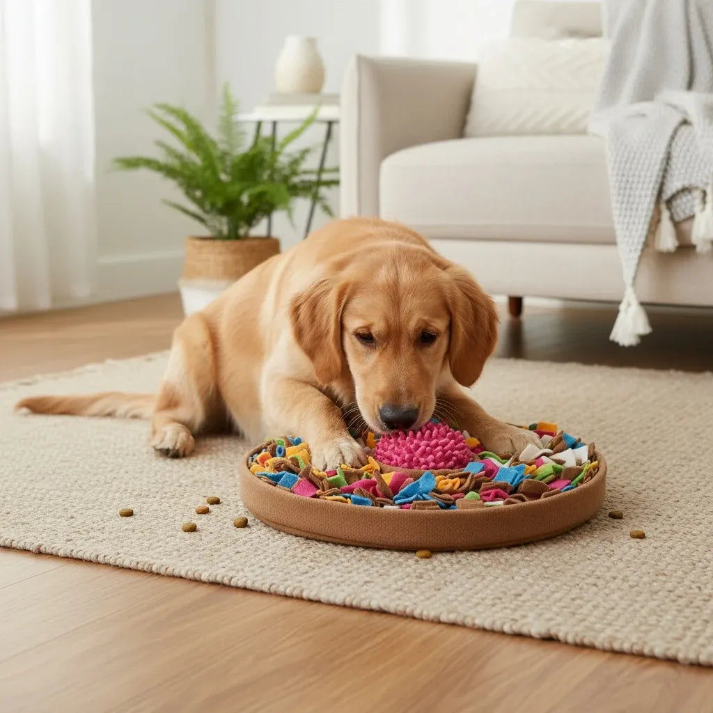 Pet Snuffle Mat Slow Feeder Bowl: Polyester Bite-Resistant Squeaky Toy, Non-Slip Base, Machine Washable, Universal for Dogs & Cats, Stress Relief Foraging Training, Healthy Slow Feeding.(brown)