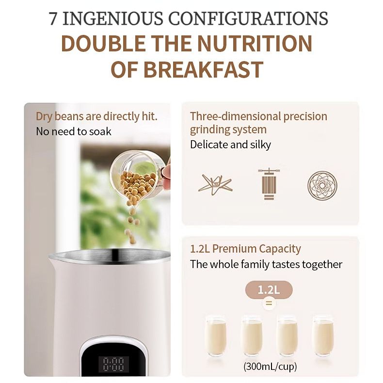 Blender & Soy Milk Maker: Dry Bean Direct Grinding No Soak, 800W High-Temp Boiling, 12 Functions + 12H Reservation, Silent Operation, 1.2L Large Capacity — Fresh & Convenient All Day