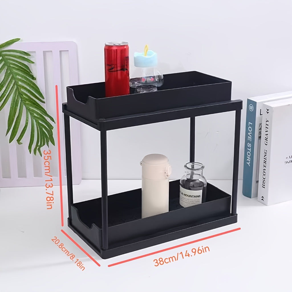 Two-tier pull-out storage rack. An organizational lifesaver for under the kitchen sink. Features adjustable shelves for easy storage of bottles and jars. In a sleek, modern design. Perfect as a kitchen shelf, bathroom organizer, or household storage(WHITE