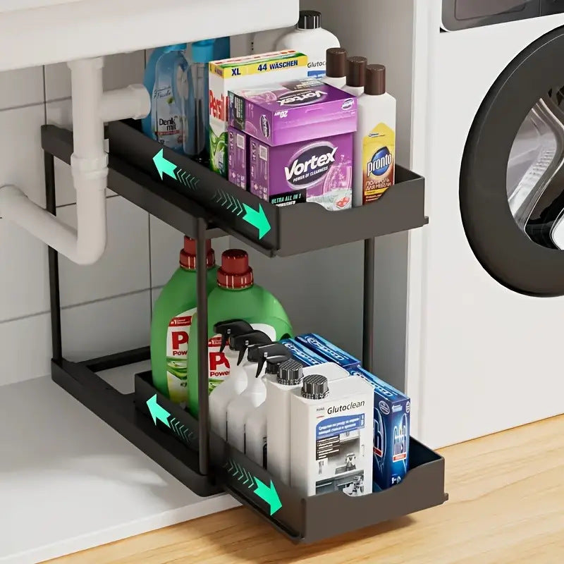 Two-tier pull-out storage rack. An organizational lifesaver for under the kitchen sink. Features adjustable shelves for easy storage of bottles and jars. In a sleek, modern design. Perfect as a kitchen shelf, bathroom organizer, or household storage(WHITE