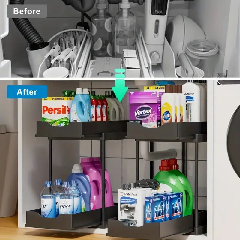 Two-tier pull-out storage rack. An organizational lifesaver for under the kitchen sink. Features adjustable shelves for easy storage of bottles and jars. In a sleek, modern design. Perfect as a kitchen shelf, bathroom organizer, or household storage(WHITE