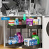 Two-tier pull-out storage rack. An organizational lifesaver for under the kitchen sink. Features adjustable shelves for easy storage of bottles and jars. In a sleek, modern design. Perfect as a kitchen shelf, bathroom organizer, or household storage(WHITE