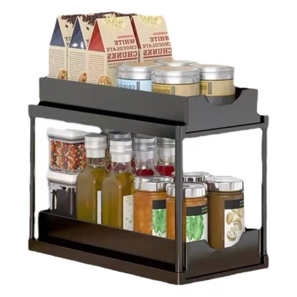 Two-tier pull-out storage rack. An organizational lifesaver for under the kitchen sink. Features adjustable shelves for easy storage of bottles and jars. In a sleek, modern design. Perfect as a kitchen shelf, bathroom organizer, or household storage(WHITE