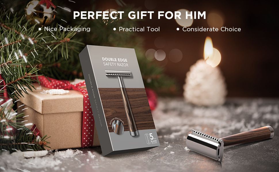 Classic Imitation Wood Double Edge Safety Razor – Eco-Friendly Wet Shaving, Weighted Balance, Men's Grooming Gift。（Gun wood grain)