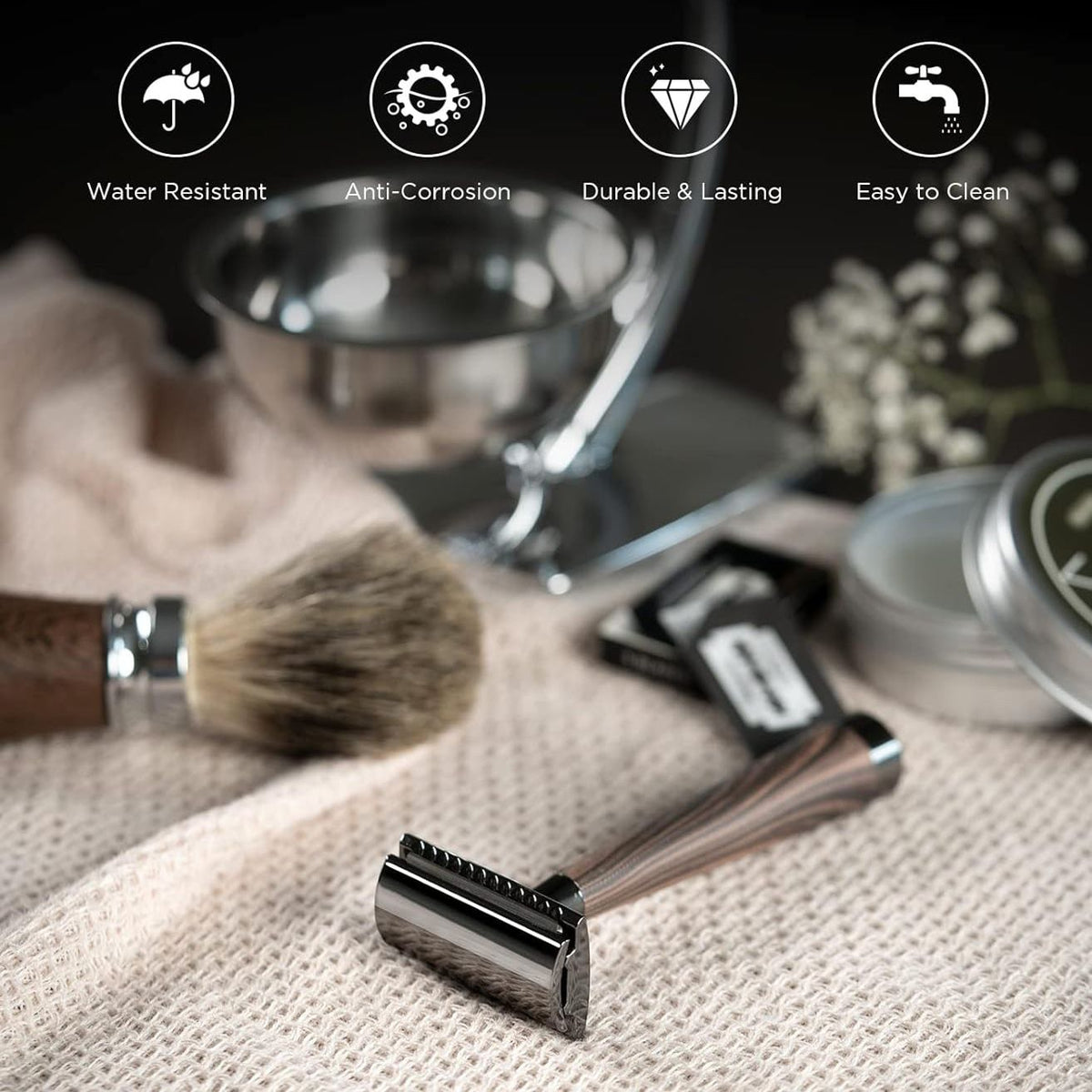Classic Imitation Wood Double Edge Safety Razor – Eco-Friendly Wet Shaving, Weighted Balance, Men's Grooming Gift.(Silver wood grain)