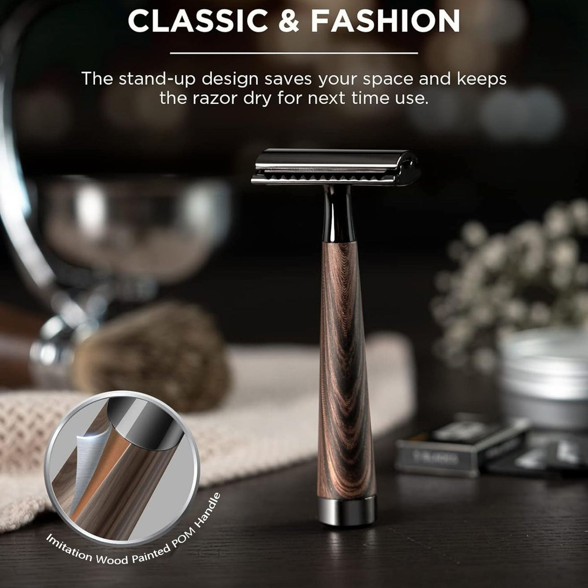 Classic Imitation Wood Double Edge Safety Razor – Eco-Friendly Wet Shaving, Weighted Balance, Men's Grooming Gift.(Silver wood grain)