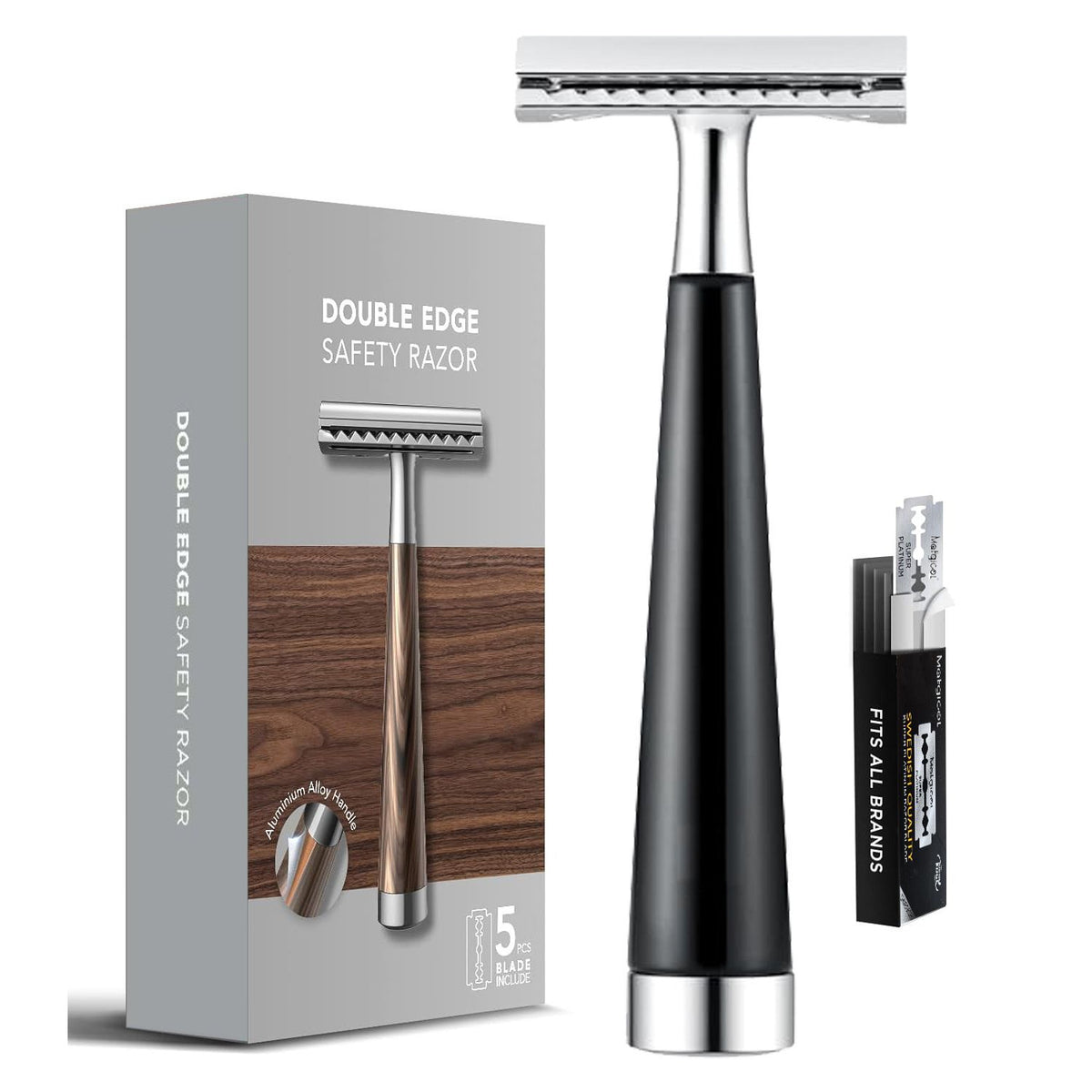Classic Imitation Wood Double Edge Safety Razor – Eco-Friendly Wet Shaving, Weighted Balance, Men's Grooming Gift.(Silver wood grain)