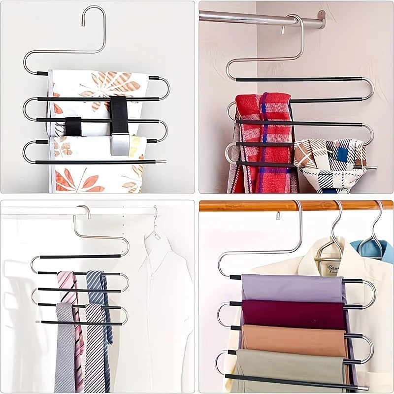 3 Pack Multi-Layer Stainless Steel Metal Pants Hangers, Bedroom Storage, S-Shaped Anti-Slip No-Mark, Space Saving, Closet Storage Rack, Pants Jeans Scarves Hanging, Black Version