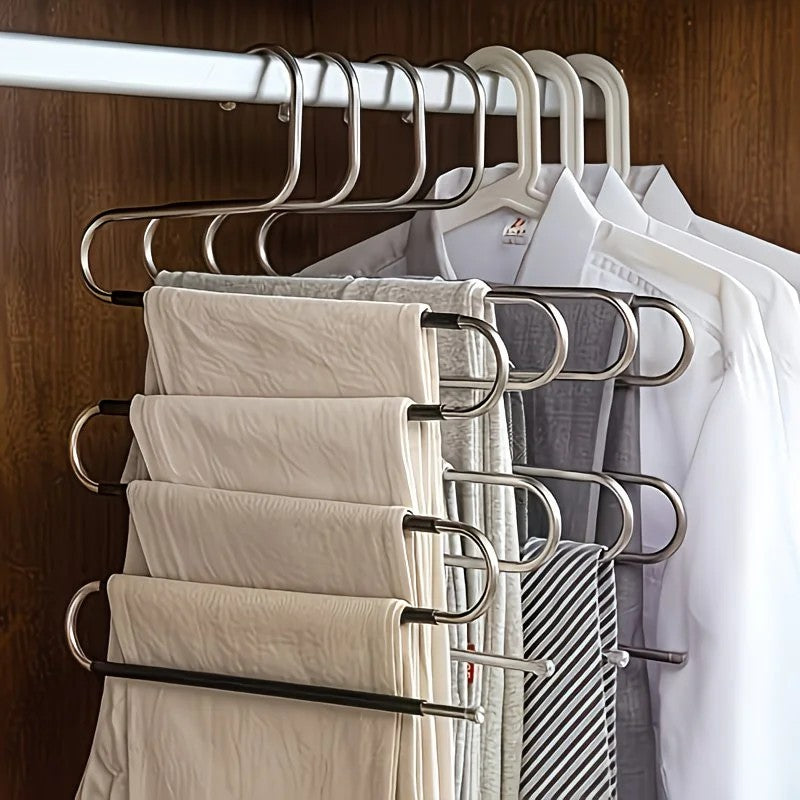 3 Pack Multi-Layer Stainless Steel Metal Pants Hangers, Bedroom Storage, S-Shaped Anti-Slip No-Mark, Space Saving, Closet Storage Rack, Pants Jeans Scarves Hanging, Black Version