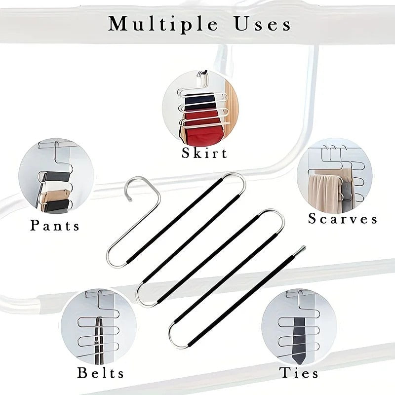 S‑Shaped Pants Hanger – 5‑Layer Stainless Steel, Anti‑Slip Silicone Design