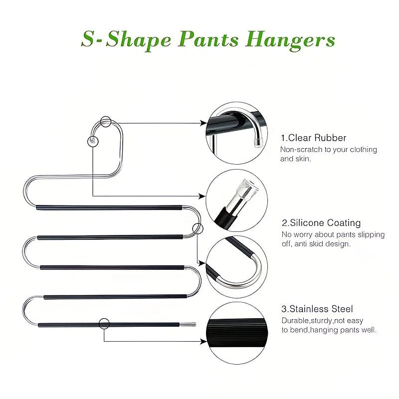 3 Pack Multi-Layer Stainless Steel Metal Pants Hangers, Bedroom Storage, S-Shaped Anti-Slip No-Mark, Space Saving, Closet Storage Rack, Pants Jeans Scarves Hanging, Black Version
