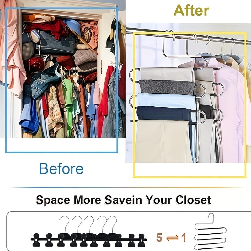 3 Pack Multi-Layer Stainless Steel Metal Pants Hangers, Bedroom Storage, S-Shaped Anti-Slip No-Mark, Space Saving, Closet Storage Rack, Pants Jeans Scarves Hanging, Black Version