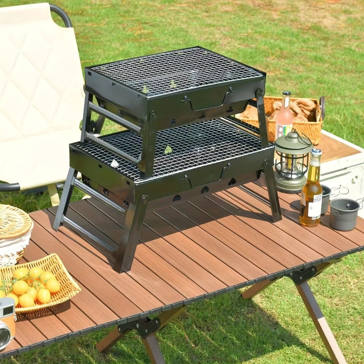 Weekend Essential Portable Foldable BBQ Grill Home & Camping Heavy Duty Steel No Assembly Required(Grand Kurogane.）