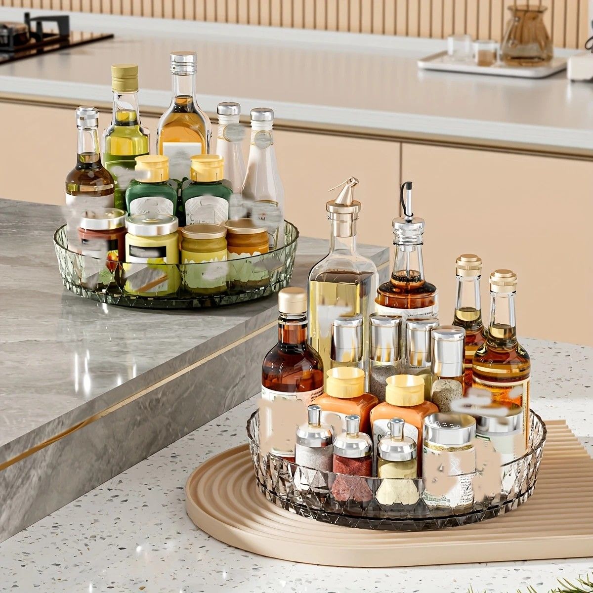 2PCS Acrylic Lazy Susan Organizer with Diamond Design | 360° Rotating Makeup & Vanity Tray | Modern Kitchen & Bathroom Storage（Transparent yellowish brown）
