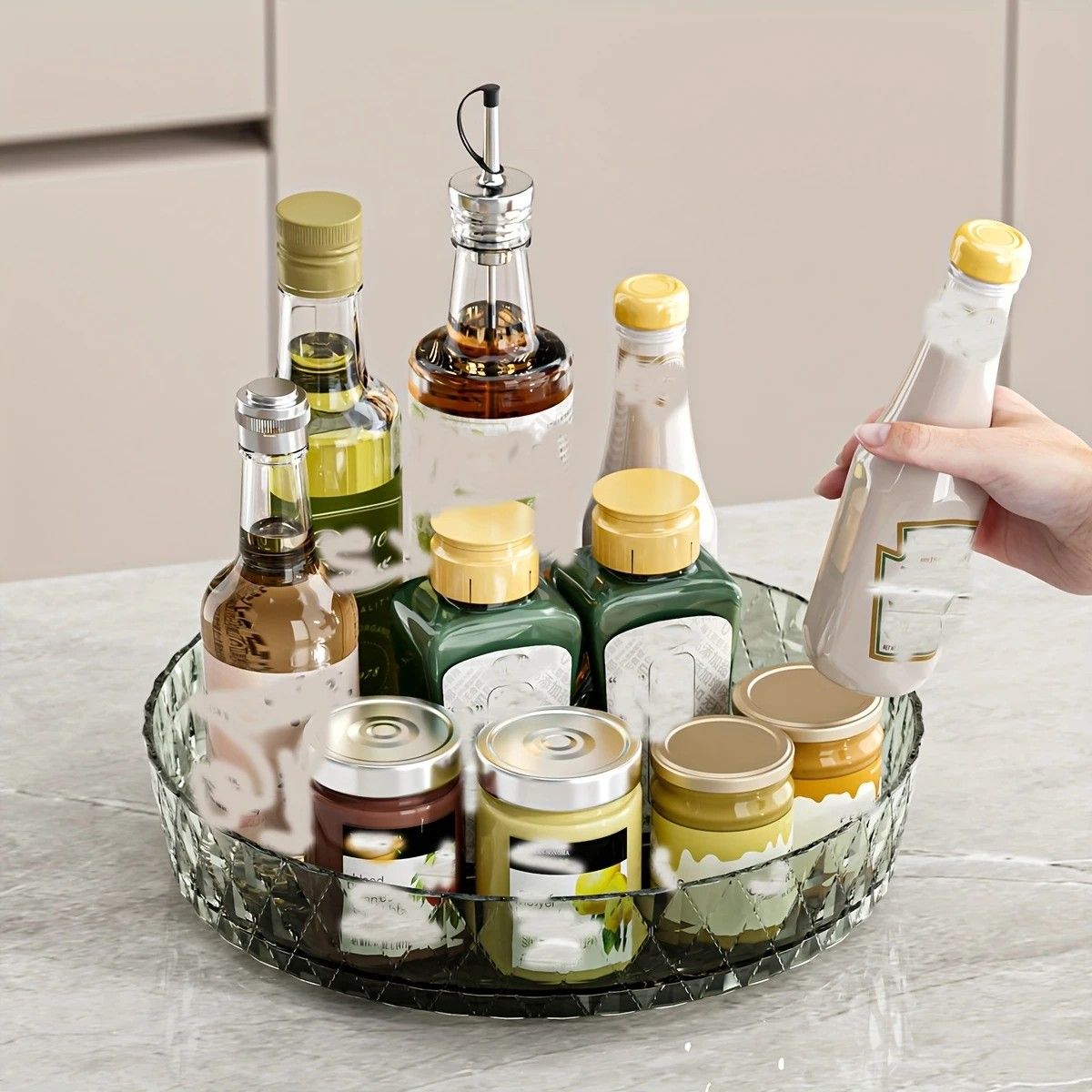 2PCS Acrylic Lazy Susan Organizer with Diamond Design | 360° Rotating Makeup & Vanity Tray | Modern Kitchen & Bathroom Storage（Transparent yellowish brown）
