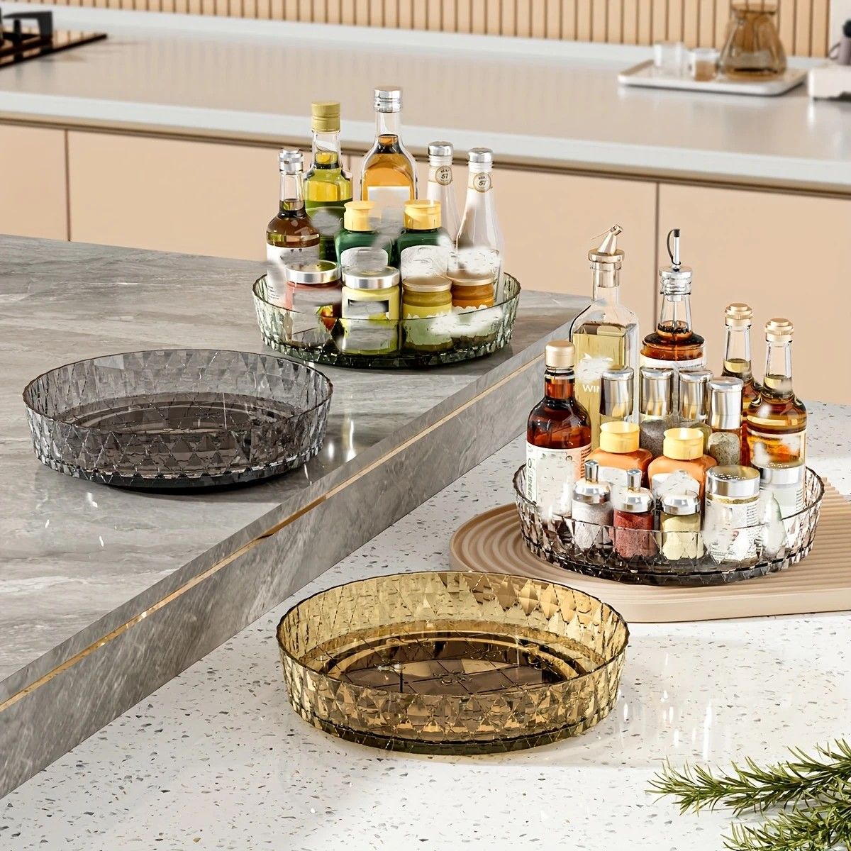 2PCS Acrylic Lazy Susan Organizer with Diamond Design | 360° Rotating Makeup & Vanity Tray | Modern Kitchen & Bathroom Storage（Transparent yellowish brown）