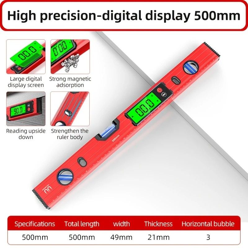 500mm Digital Level with Backlit LCD Display, Strong Magnetic Base, and Heavy-Duty Aluminum Alloy Material