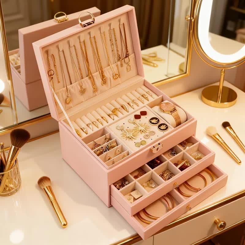 Pink Multi - layer Jewelry Storage Box: Velvet Lining, Three - layer Zoning, Double - drawer Storage for Accessories
