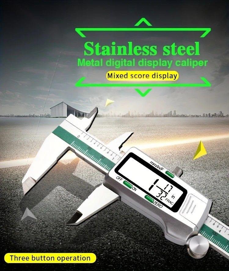 Stainless Steel Digital Caliper 150mm 6 Inch LCD Three Mode Metric Imperial Fractional One Touch Switch with Protective Case for Machinery DIY Precise Measurement
