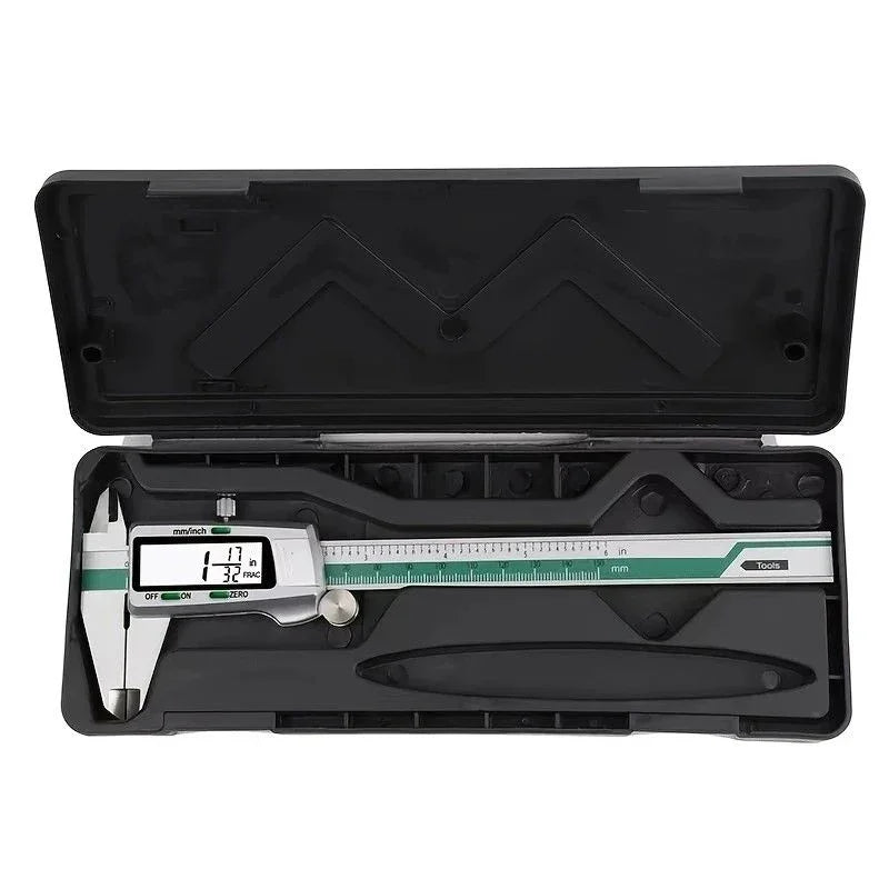 Stainless Steel Digital Caliper 150mm 6 Inch LCD Three Mode Metric Imperial Fractional One Touch Switch with Protective Case for Machinery DIY Precise Measurement