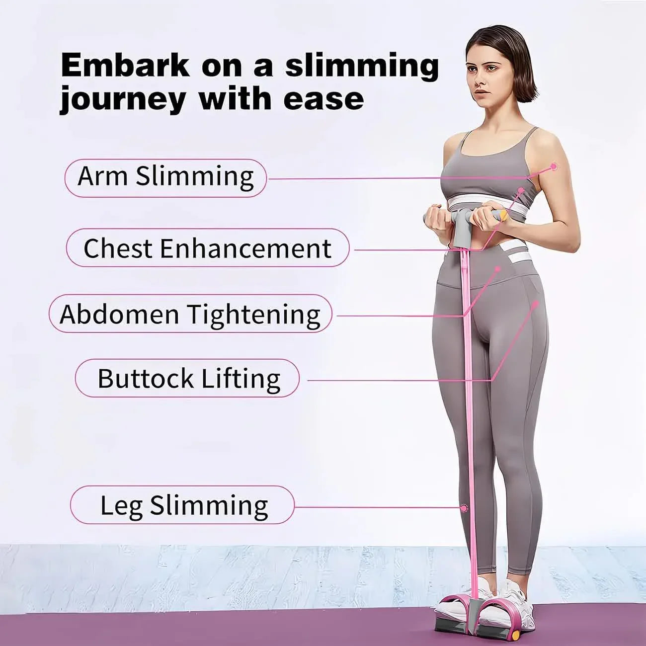Home-use six-tube resistance band with non-slip pedals and quiet rebound. Targets multiple muscle groups for full-body fat burning, shaping, and stretching. Portable and suitable for all.PINK