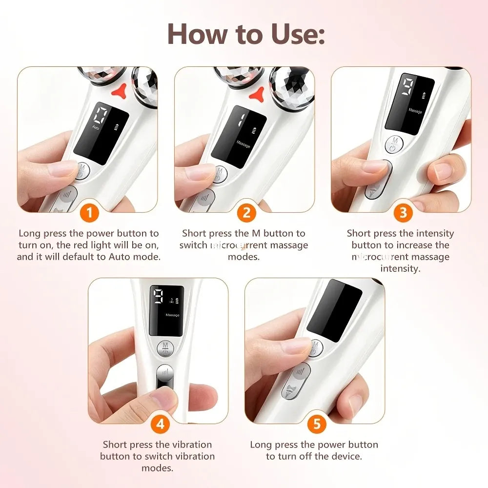 V-Shaped 360° Roller Facial Massager – 8 Modes, 9 Intensity Levels, LED Display, Red Light Therapy & Base, Home Beauty Device
