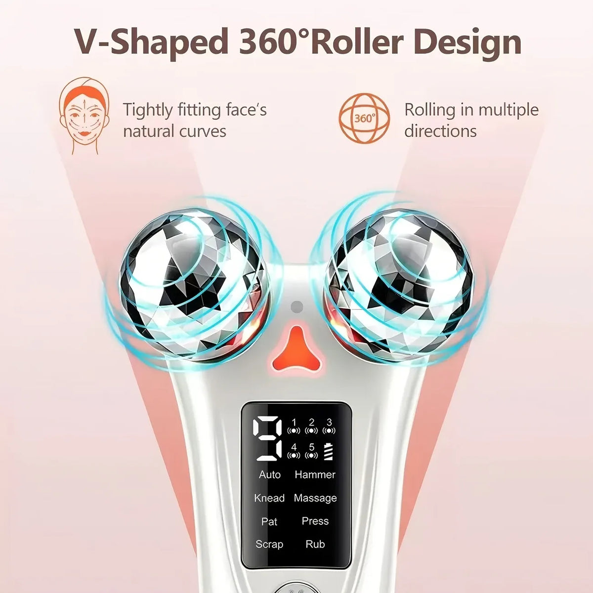 V-Shaped 360° Roller Facial Massager – 8 Modes, 9 Intensity Levels, LED Display, Red Light Therapy & Base, Home Beauty Device