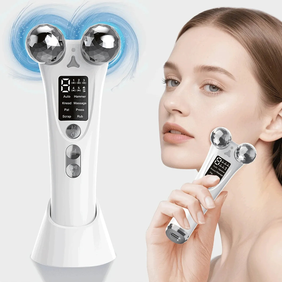V-Shaped 360° Roller Facial Massager – 8 Modes, 9 Intensity Levels, LED Display, Red Light Therapy & Base, Home Beauty Device