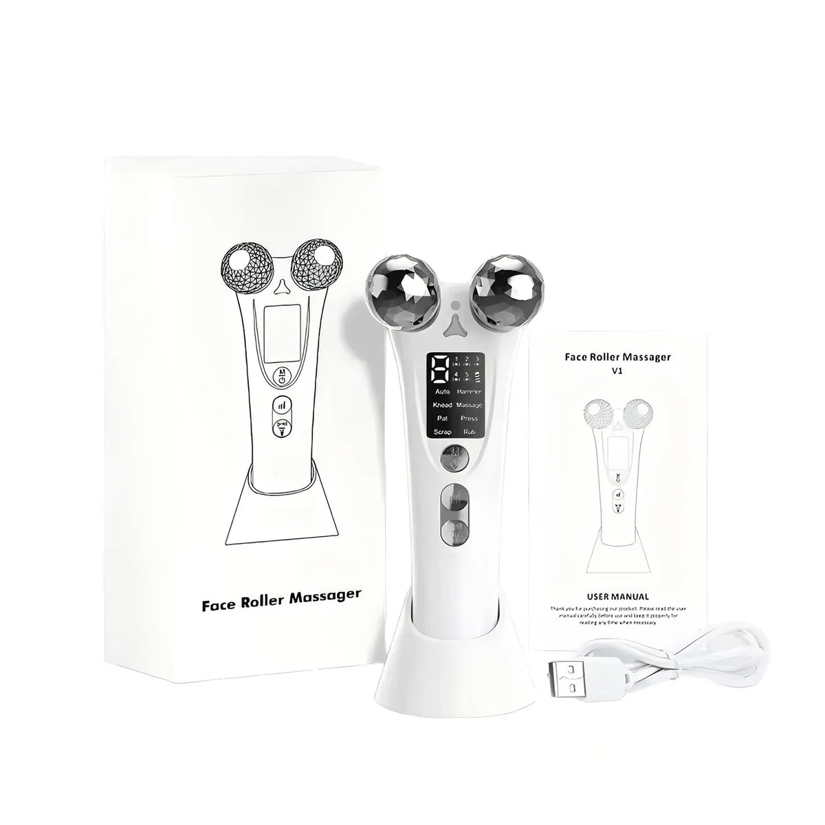 V-Shaped 360° Roller Facial Massager – 8 Modes, 9 Intensity Levels, LED Display, Red Light Therapy & Base, Home Beauty Device