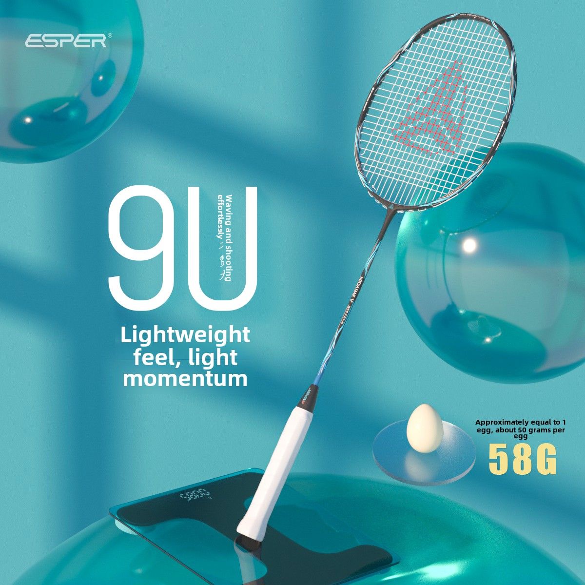 ESPER Explorer Fifth Generation Badminton Racket 58g 9U Full Carbon Fiber All-Around Fish Scale Shaft Double-Wall Inner Foaming Professional Match Training Racket(green wave)