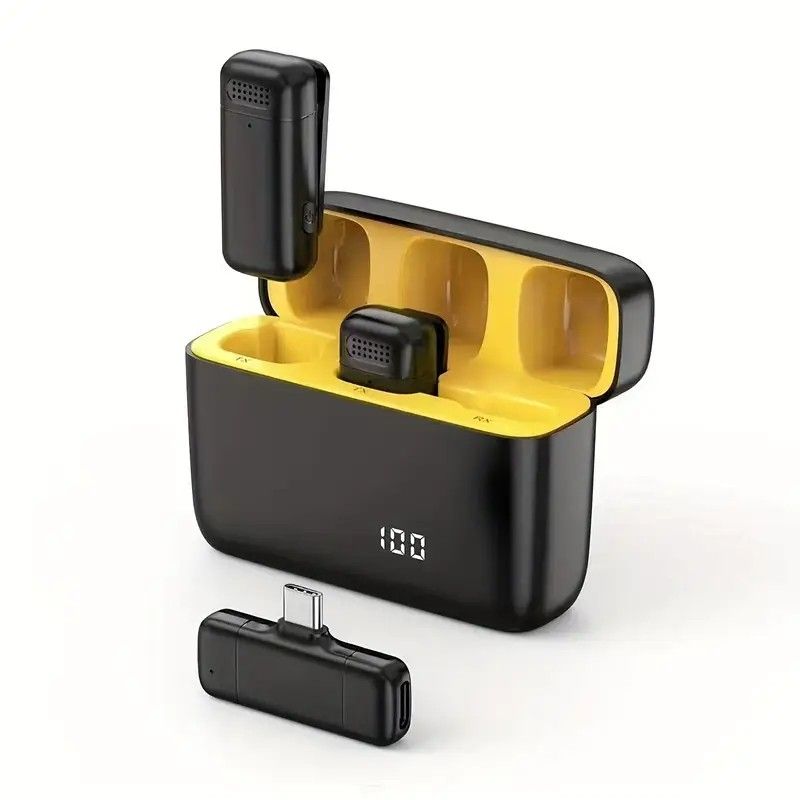 Wireless Lavalier Microphone Set: 2.4G wireless instant connection, DSP smart noise cancellation, 84-hour ultra-long battery life, one-drag-many full-scenario compatibility, Apple interface. (Black outer case with yellow inner compartment)