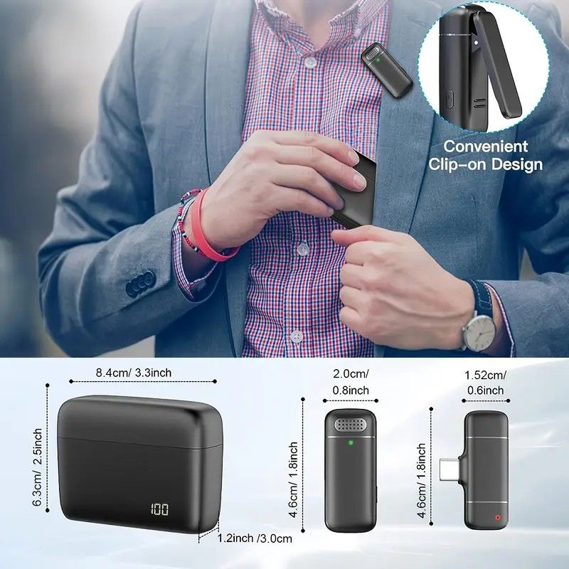 Wireless Lavalier Microphone Set: 2.4G wireless instant connection, DSP smart noise cancellation, 84-hour ultra-long battery life, one-drag-many full-scenario compatibility, Apple interface. (Black outer case with yellow inner compartment)
