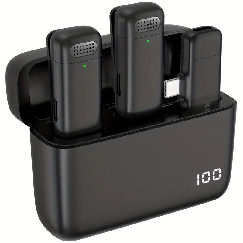Wireless Lavalier Microphone Set: 2.4G wireless instant connection, DSP smart noise cancellation, 84-hour ultra-long battery life, one-drag-many full-scenario compatibility, Apple interface. (Black outer case with yellow inner compartment)