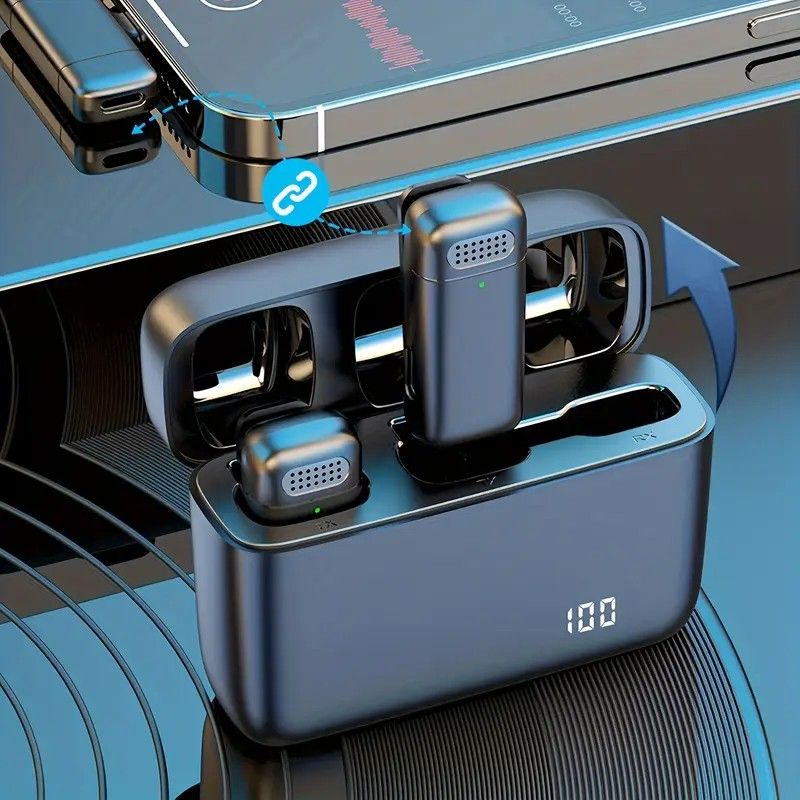 Wireless Lavalier Microphone Set: 2.4G wireless instant connection, DSP smart noise cancellation, 84-hour ultra-long battery life, one-drag-many full-scenario compatibility, Apple interface. (Black outer case with yellow inner compartment)