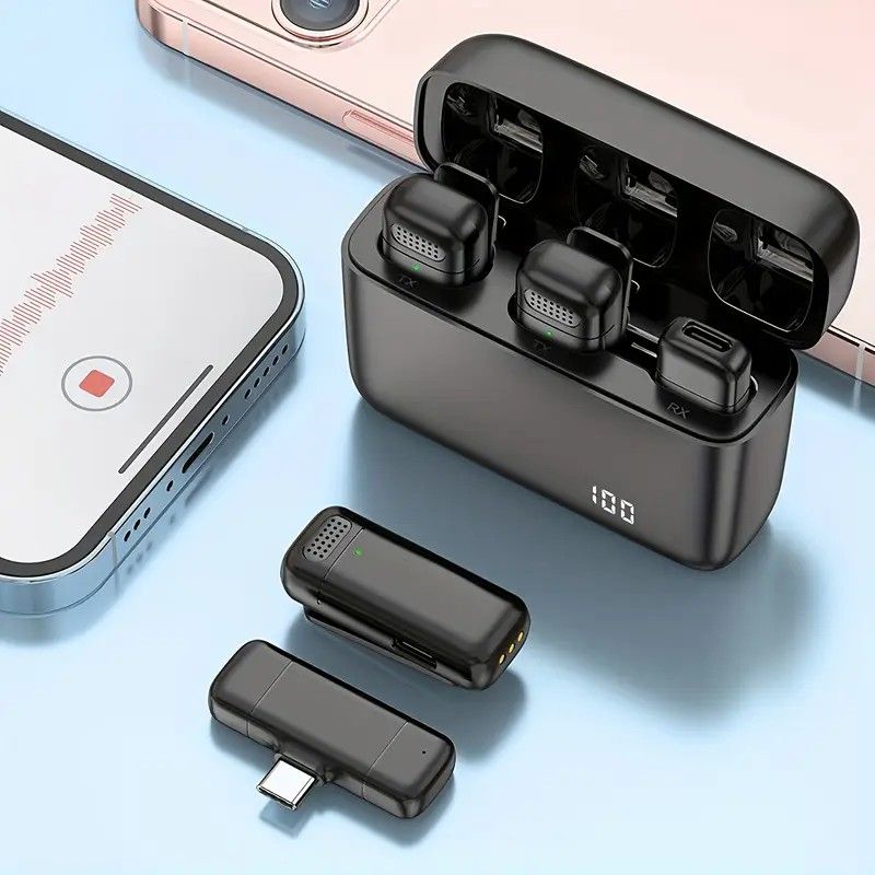 Wireless Lavalier Microphone Set: 2.4G wireless instant connection, DSP smart noise cancellation, 84-hour ultra-long battery life, one-drag-many full-scenario compatibility, Apple interface. (Black outer case with yellow inner compartment)