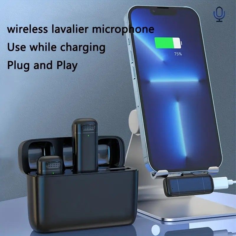 Wireless Lavalier Microphone Set: 2.4G wireless instant connection, DSP smart noise cancellation, 84-hour ultra-long battery life, one-drag-many full-scenario compatibility, Apple interface. (Black outer case with yellow inner compartment)