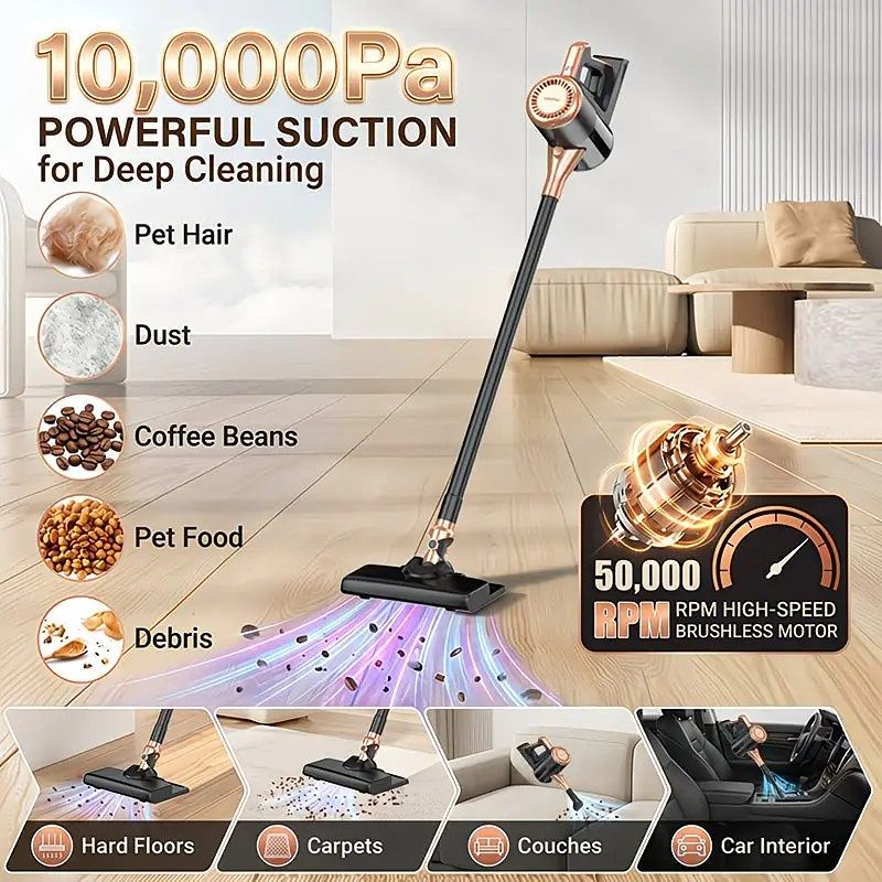 4-in-1 cordless vacuum cleaner, 50000RPM motor, 10000Pa suction, 180° rotating brush head, dual speed settings, lightweight and convenient./golden