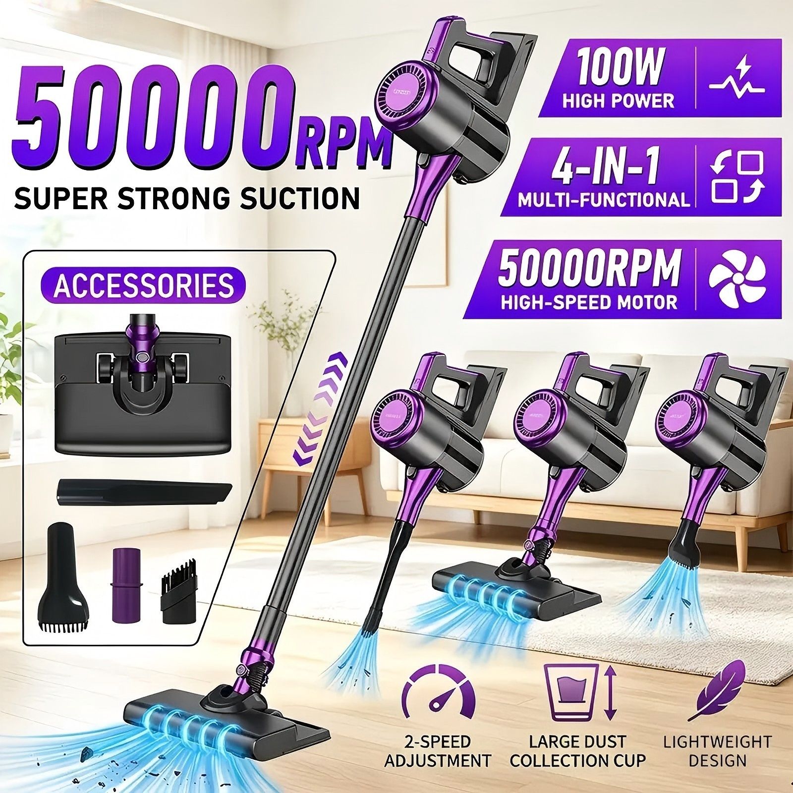 4-in-1 cordless vacuum cleaner, 50000RPM motor, 10000Pa suction, 180° rotating brush head, dual speed settings, lightweight and convenient./golden